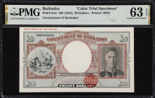 Important $20 Color Trial Specimen
BARBADOS. Government of Barbados. 20 Dollars, ND (1943). P-5cts. Color Trial Specimen. PMG Choice Uncirculated 63 ...