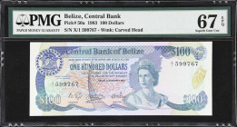 BELIZE. Central Bank of Belize. 100 Dollars, 1.11.1983. P-50a. PMG Superb Gem Uncirculated 67 EPQ.
An important type, this was the highest denominati...