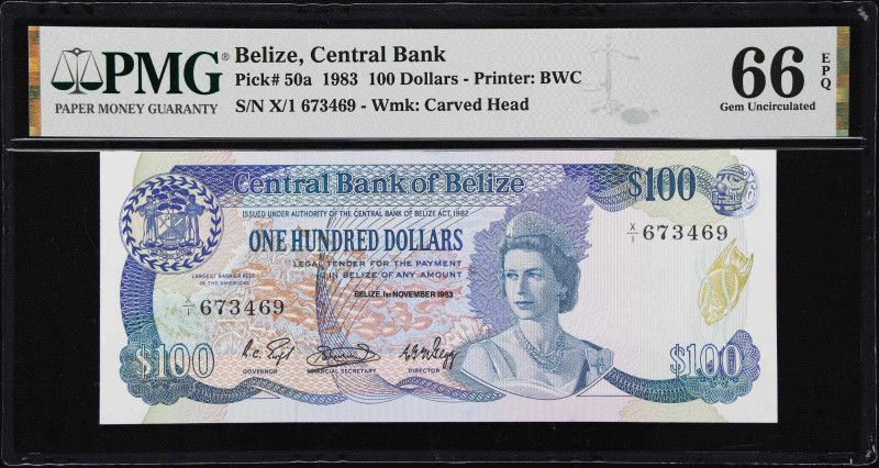 BELIZE. Central Bank of Belize. 100 Dollars, 1.11.1983. P-50a. PMG Gem Uncircula...