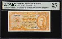 BERMUDA. Bermuda Government. 5 Pounds, 17.2.1947. P-17. PMG Very Fine 25.
Pleasing problem-free example of the highest denomination issued in Bermuda...