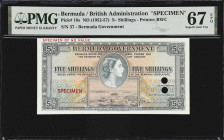 BERMUDA. Bermuda Government. 5 Shillings, ND (1952-57). P-18cts. Color Trial Specimen. PMG Superb Gem Uncirculated 67 EPQ.
Printed by Bradbury, Wilki...