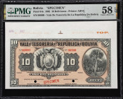 BOLIVIA. Vale de Tesoreria de la Republica de Bolivia. 10 Bolivianos, 1902. P-94s. Specimen. PMG Choice About Uncirculated 58 EPQ.
Printed on oversiz...