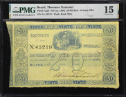 BRAZIL. Imperio do Brazil. 20 Mil Reis, ND (1850). P-A223. PMG Choice Fine 15.
An early Brazilian uniface issue printed in blue on yellow paper. Whil...