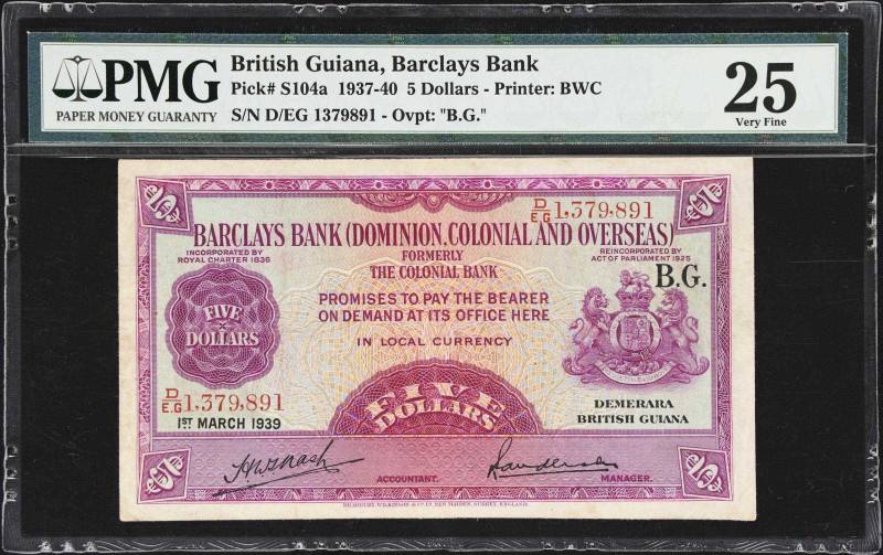 BRITISH GUIANA. Barclays Bank (D.C.O.). 5 Dollars, 1.3.1939. P-S104a. PMG Very F...