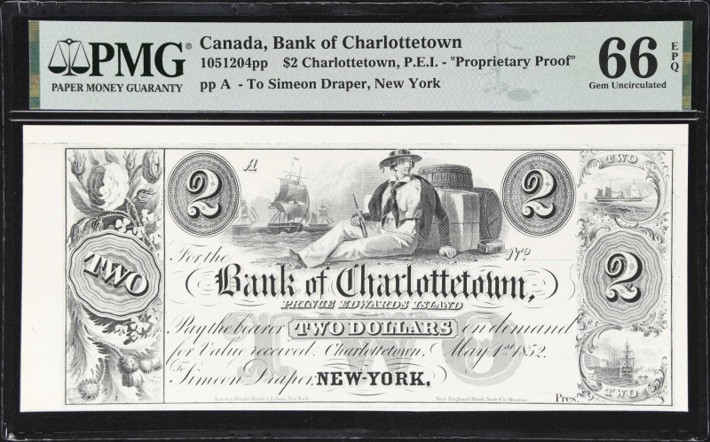 CANADA. Bank of Charlottetown. 2 Dollars, 1.5.1852. CH #105-12-04pp. Proprietary...