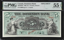 CANADA. Dominion Bank. 5 Dollars, 1.1.1896. CH #220-16-02S. Specimen. PMG About Uncirculated 55 EPQ.
Attractive specimen printed by the American Bank...