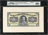 CANADA. Lot of (2). Banque Internationale du Canada. 5 Dollars, 2.10.1911. CH# 385-10-02Pa. Proofs. PMG Gem Uncirculated 66 EPQ & Superb Gem Uncircula...