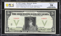 Important Merchants Bank of Canada 1919 $5 in AU58
CANADA. Merchants Bank of Canada. 5 Dollars, 1.11.1919. CH# 460-22-02. PCGS Banknote Choice About ...