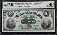 CANADA. Merchants Bank of Halifax. 5 Dollars, 2.1.1896. CH #465-22-04s. Specimen. PMG About Uncirculated 50 EPQ.
With no known issued notes of this d...
