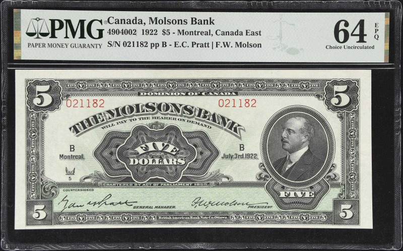 CANADA. Molsons Bank. 5 Dollars, 3.7.1922. CH# 490-40-02. PMG Choice Uncirculate...