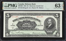 CANADA. Molsons Bank. 5 Dollars, 1922. CH# 490-40-02. PMG Choice Uncirculated 63 EPQ.
Almost consecutive to the last lot, this example with a bit wor...