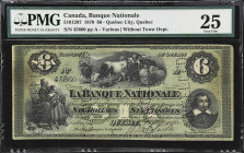 Iconic $6 Denomination
CANADA. Banque Nationale. 6 Dollars, 28.5.1870. CH# 510-12-07. PMG Very Fine 25.
Large tint. The 1870 series of the Banque Na...