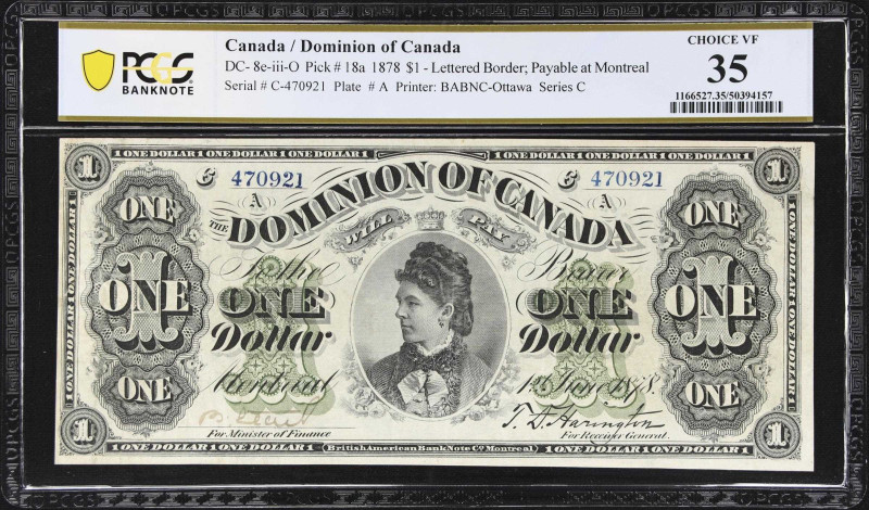 CANADA. Dominion of Canada. 1 Dollar, 1.6.1878. DC-8e-iii-O. PCGS Banknote Choic...