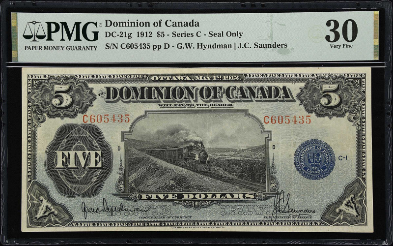 CANADA. Dominion of Canada. 5 Dollars, 1.5.1912. DC-21g. PMG Very Fine 30.
An e...