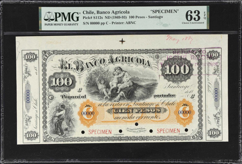 CHILE. Banco Agricola. 100 Pesos, ND (1869-93). P-S112s. Specimen. PMG Choice Un...