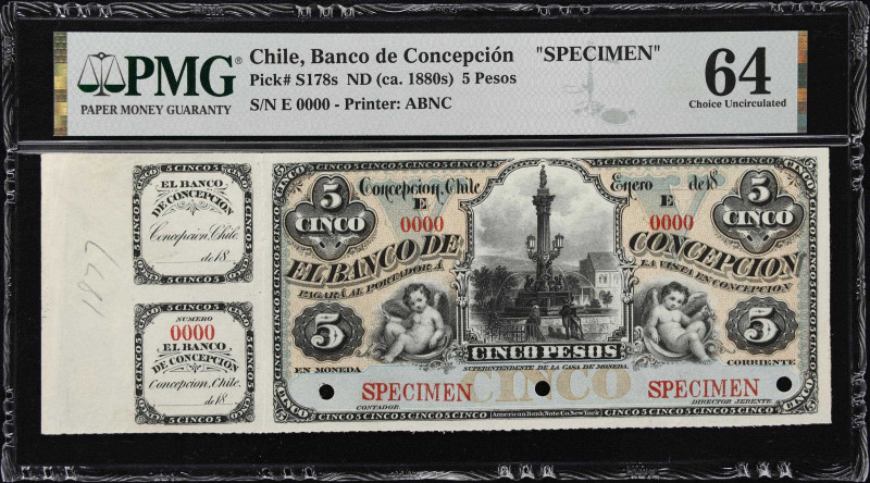 CHILE. Banco de Concepcion. 5 Pesos, ND (ca 1880s). P-S178s. Specimen. PMG Choic...