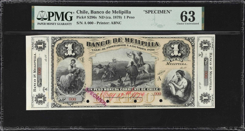 CHILE. Banco de Melipilla. 1 Peso, ND (ca. 1879). P-S296s. Specimen. PMG Choice ...