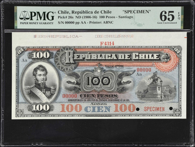 CHILE. Republica de Chile. 100 Pesos, ND (1906-16). P-26s. Specimen. PMG Gem Unc...