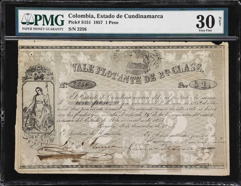 COLOMBIA. Estado de Cundinamarca. 1 Peso, 31.12.1857. P-S151. DP 11800. PMG Very...