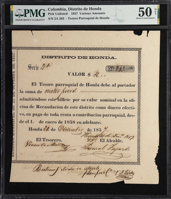 Extremely Rare Honda Parish Issue from 1857
COLOMBIA. Distrito de Honda. 4 Peso...