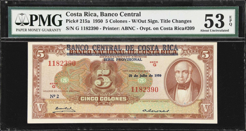 COSTA RICA. Banco Central de Costa Rica. 5 Colones, 20.7.1950. P-215a. PMG About...