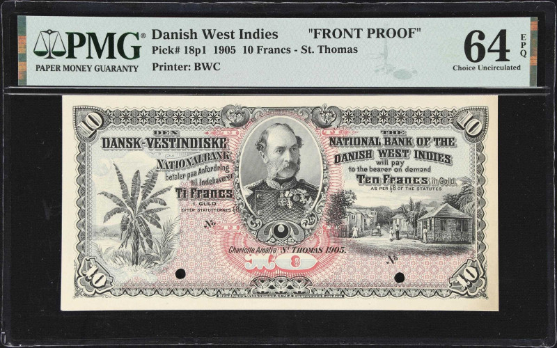 DANISH WEST INDIES. Dansk-Vestindiske Nationalbank. 10 Francs, 1905. P-18p1. Fro...