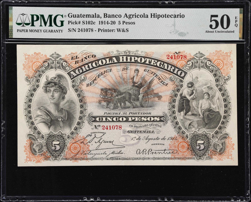 GUATEMALA. Banco Agricola Hipotecario. 5 Pesos, 1.8.1914. P-S102c. PMG About Unc...