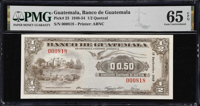 GUATEMALA. Banco de Guatemala. 1/2 Quetzal, 15.9.1948. P-23. Low S/N. PMG Gem Un...