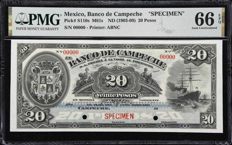 MEXICO. Banco de Campeche. 20 Pesos, ND (1903-09). P-S110s. M61s. Specimen. PMG ...