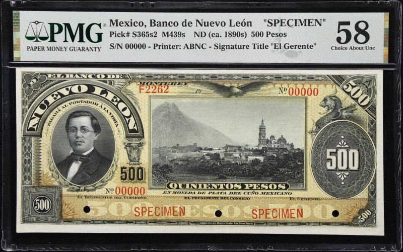 MEXICO. Banco de Nuevo Leon. 500 Pesos, ND (ca 1890s). P-S365s2. M439s. Specimen...