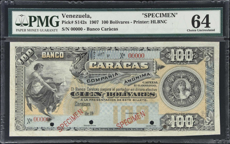 VENEZUELA. Banco Caracas. 100 Bolivares, 1907. P-S142s. Specimen. PMG Choice Unc...