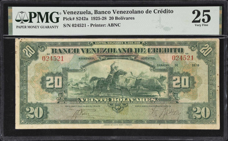 VENEZUELA. Banco Venezolano de Credito. 20 Bolivares, 1925-28. P-S242a. PMG Very...