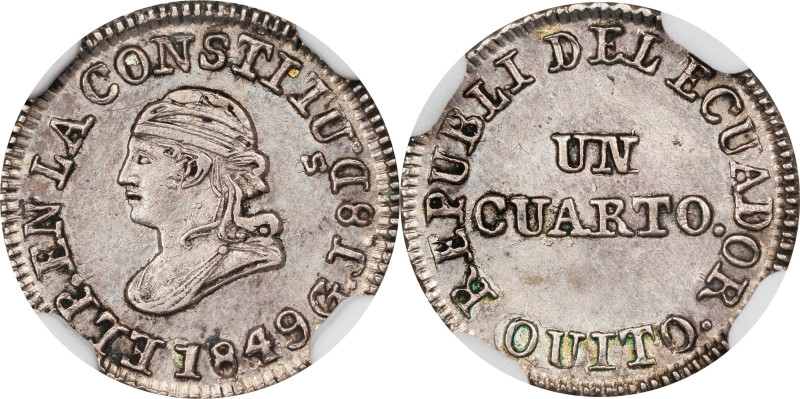 ECUADOR. 1/4 Real, 1849-QUITO GJ. Quito Mint. NGC Unc Details--Cleaned.
EMO-270...