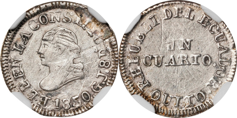 ECUADOR. 1/4 Real, 1850-QUITO GJ. Quito Mint. NGC AU Details--Tooled.
EMO-2707....