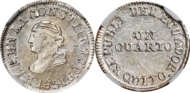 ECUADOR. 1/4 Real, 1851-QUITO GJ. Quito Mint. NGC MS-61.
EMO-2708.3 (Plate coin...