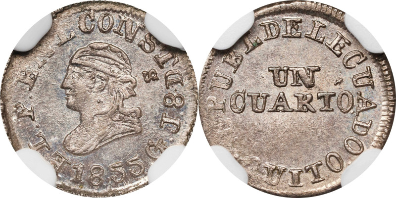 The Sole Finest Example of the Date
ECUADOR. 1/4 Real, 1855-QUITO GJ. Quito Min...