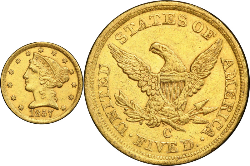 1857-C Liberty Head Half Eagle. Winter-1, the only known dies. AU-53 (PCGS). CAC...