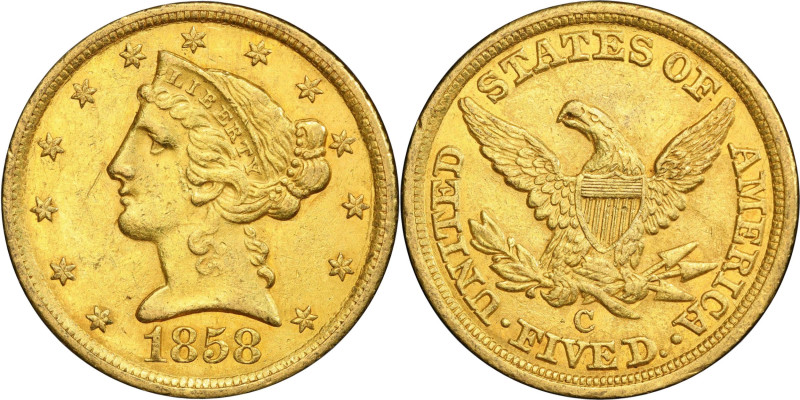 1858-C Liberty Head Half Eagle. Winter-1. AU-53 (PCGS).
Here is a handsome 1858...