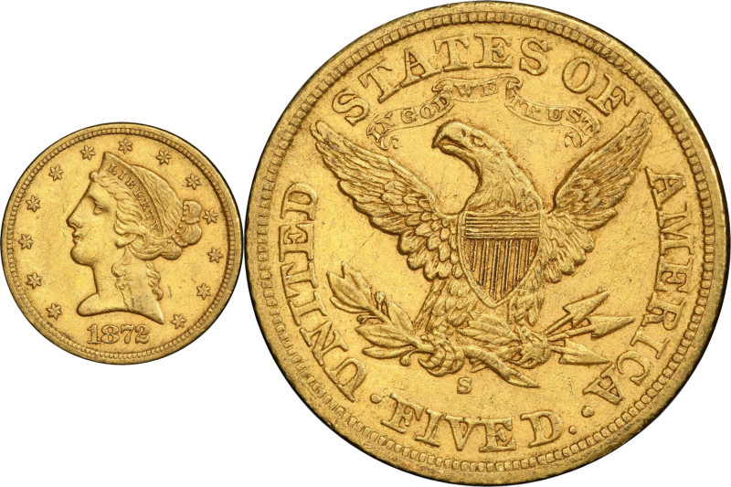 1872-S Liberty Head Half Eagle. AU-50 (PCGS).
Blushes of pinkish-rose iridescen...