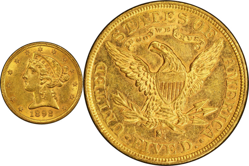 1892-S Liberty Head Half Eagle. MS-62 (PCGS).
Faintly semi-prooflike fields sup...