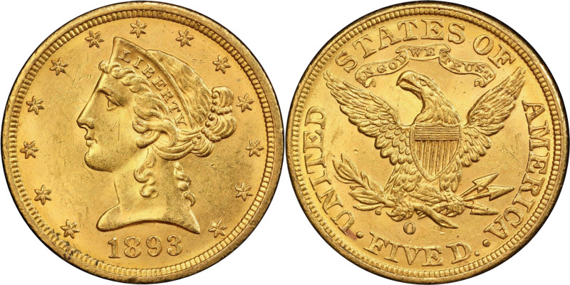 1893-O Liberty Head Half Eagle. Winter-1. MS-62 (PCGS). CAC.
A delightful half ...