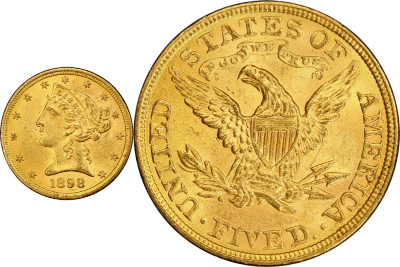 1898 Liberty Head Half Eagle. MS-64 (PCGS).
Attractive golden-apricot surfaces ...