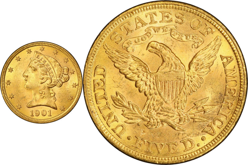 1901 Liberty Head Half Eagle. MS-64 (PCGS). CAC.
Originally preserved and lustr...