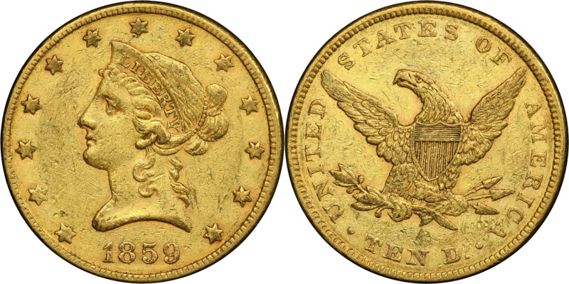 1859 Liberty Head Eagle. EF-45 (PCGS). CAC.
This rose-honey example sports the ...