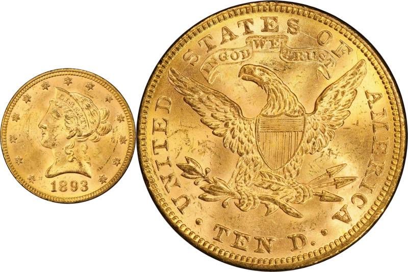 1893 Liberty Head Eagle. MS-64 (PCGS).
Flashy mint luster rotates with ease on ...