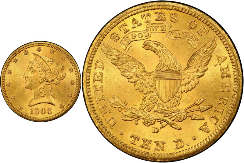 1906-D Liberty Head Eagle. MS-64 (PCGS). CAC.
Frosty rose-gold surfaces with a ...