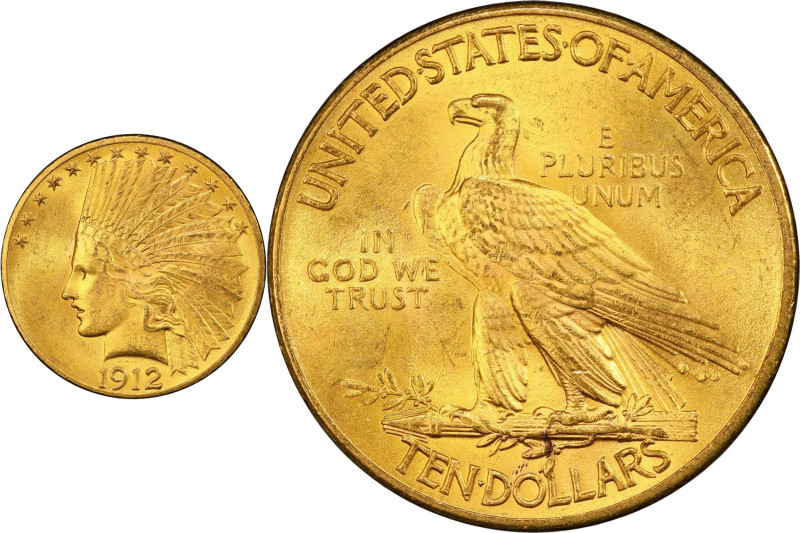 1912 Indian Eagle. MS-64 (PCGS). CAC.
Handsome golden-apricot color with a ting...