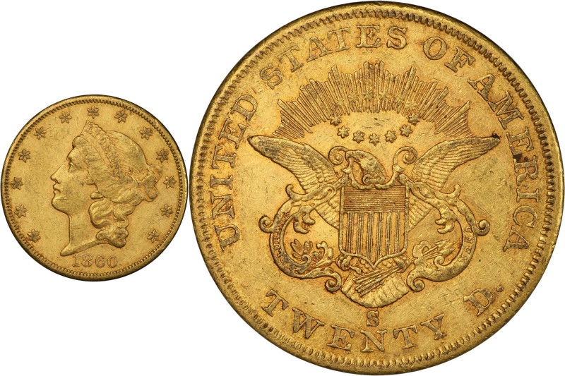 1860-S Liberty Head Double Eagle. AU-55 (PCGS).
Rich and densely colored surfac...