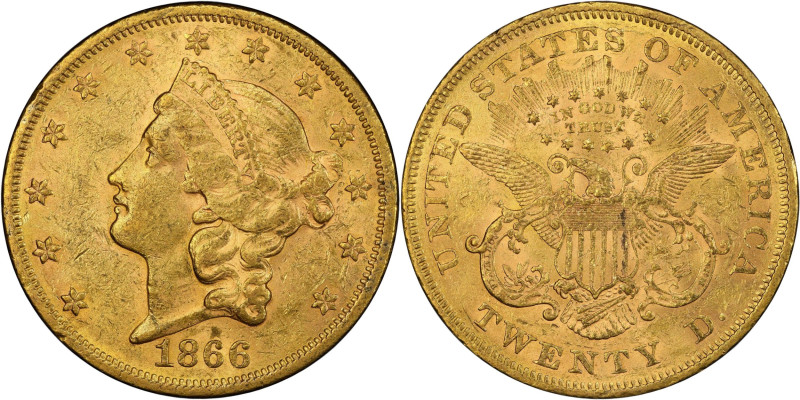 Exciting 1866 Double Eagle
1866 Liberty Head Double Eagle. MS-60 (PCGS).
A ful...