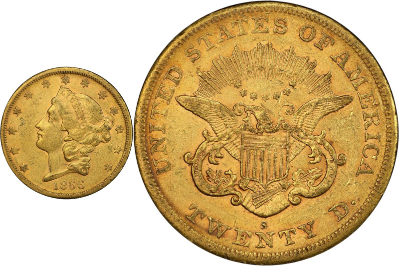 Classic 1866-S No Motto Rarity
1866-S Liberty Head Double Eagle. No Motto. AU-5...